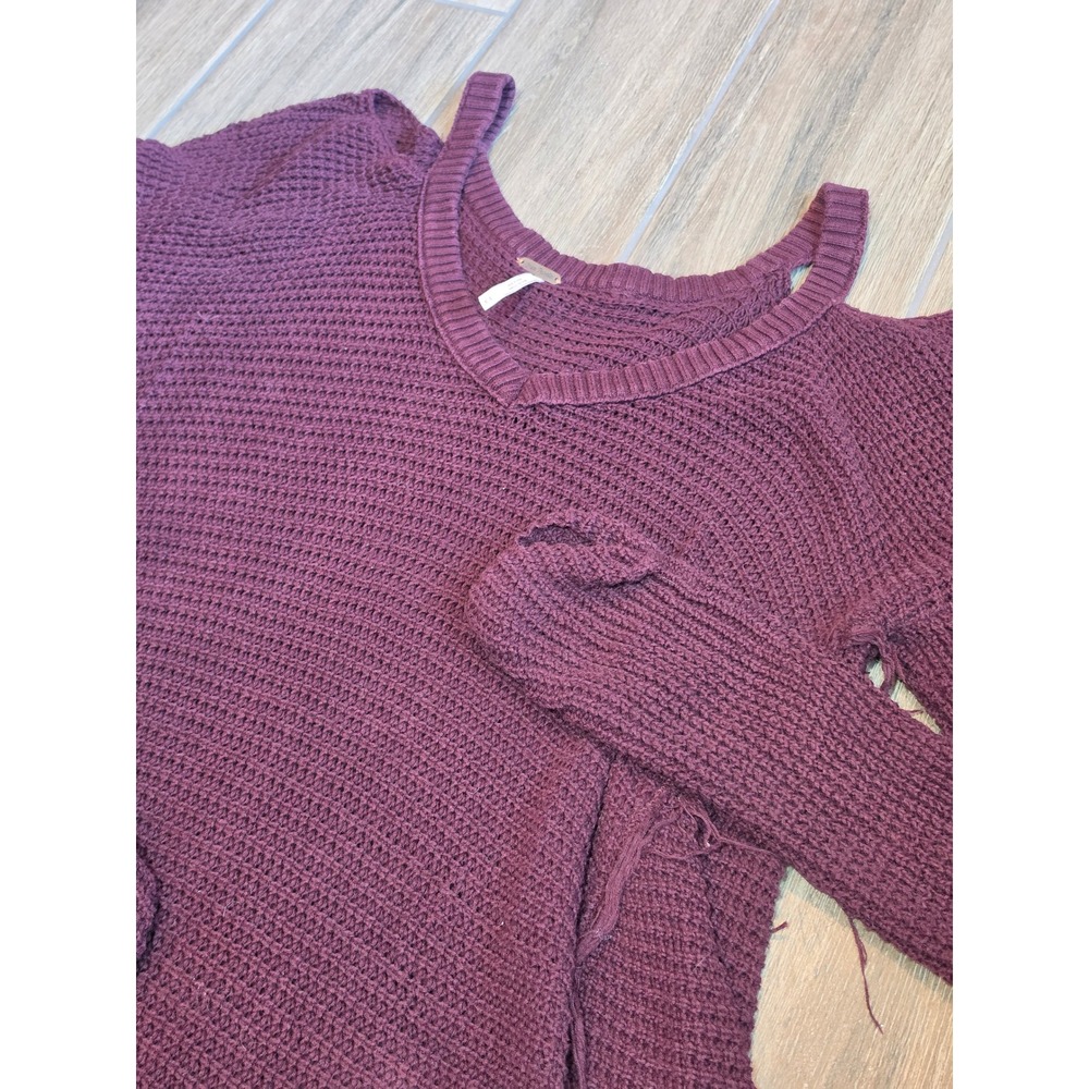 Free People Plum Burgundy Cold Shoulder Thermal Knit Frayed Hem Top Medium